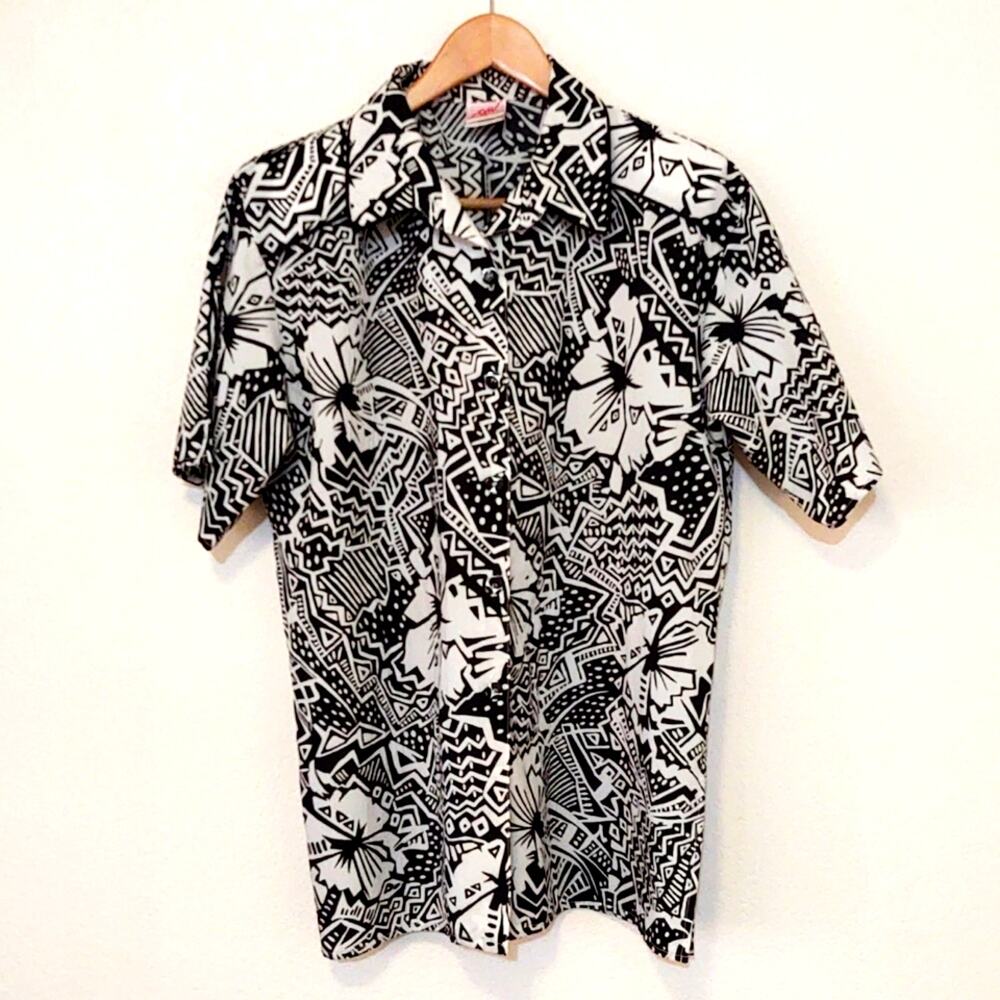 Vintage GW Graff floral black & white abstract button down windbreaker shirt